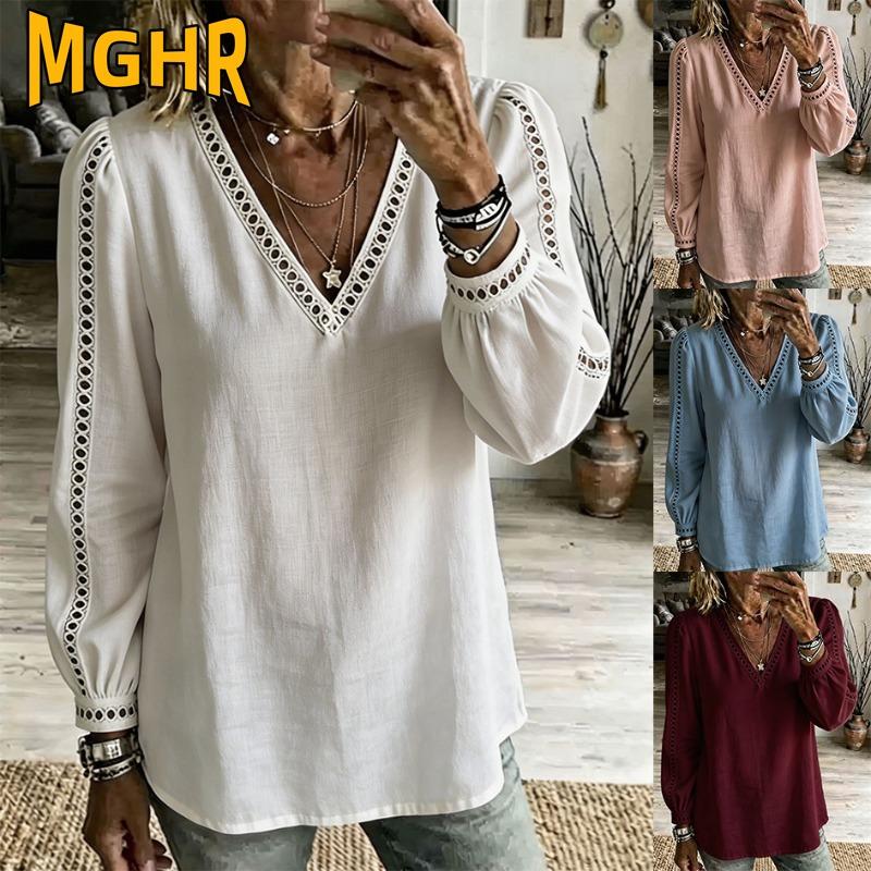 MGHR Женские модные повседневные блузки и рубашки с v-образным вырезом на осень и зиму с длинными рукавами