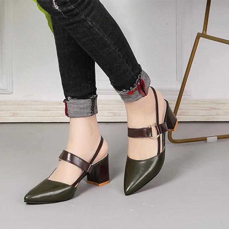 Летние сандалии женские на высоком толстом каблуке с острым носком повседневные туфли с пряжкой на ремне белые