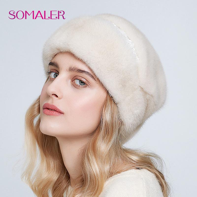 SOMALER Шапки из цельного норкового меха для женщин, зимние элегантные меховые шапки принцессы, модный стиль, теплая меховая шапка