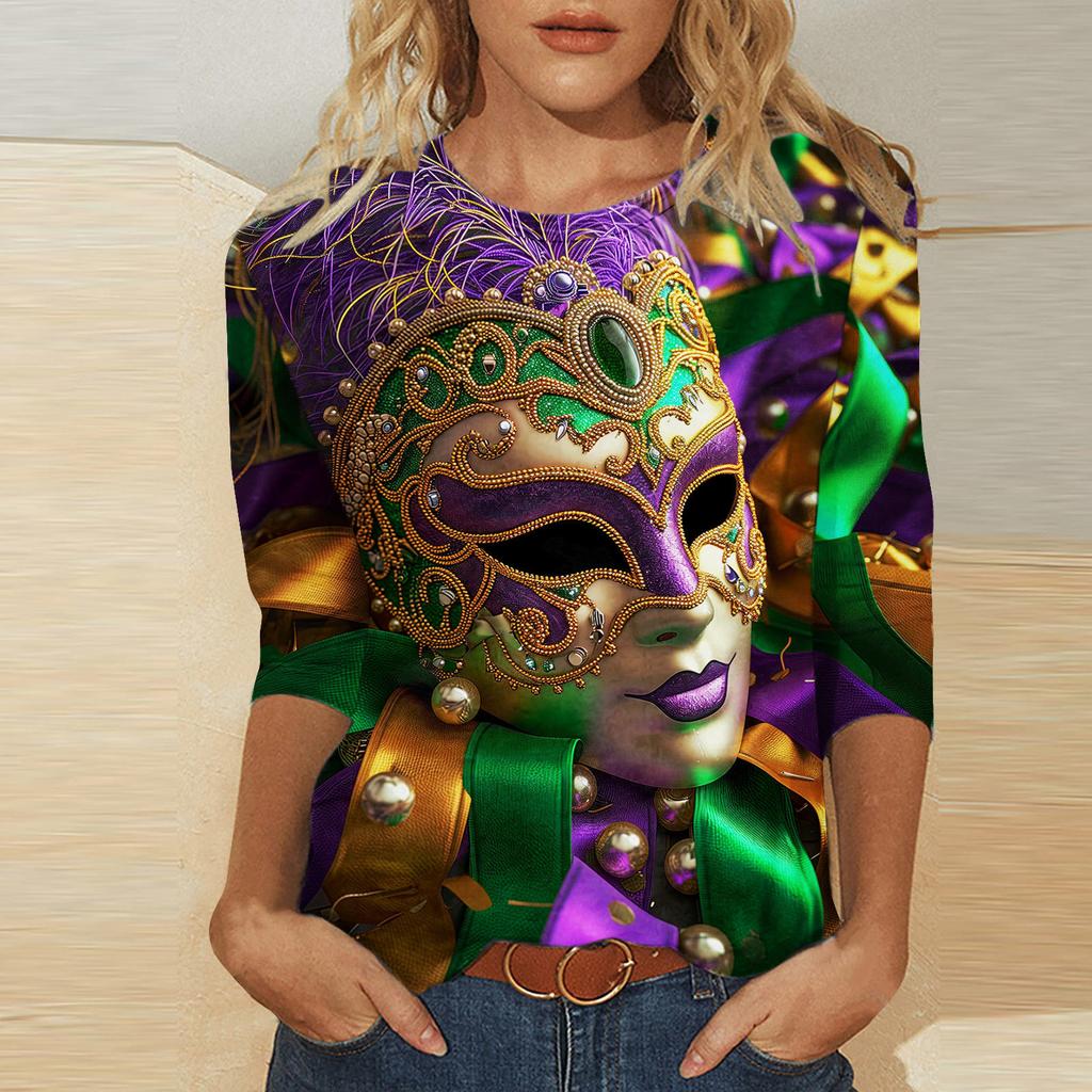 Round Neck 3D Mask Printed Top Fashionable Casual Long Sleeved Women's T-shirts