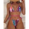 European & American Tie-Dye Three-Piece Deep V Bandage Bikini Set with Sexy Hollow-Out Design