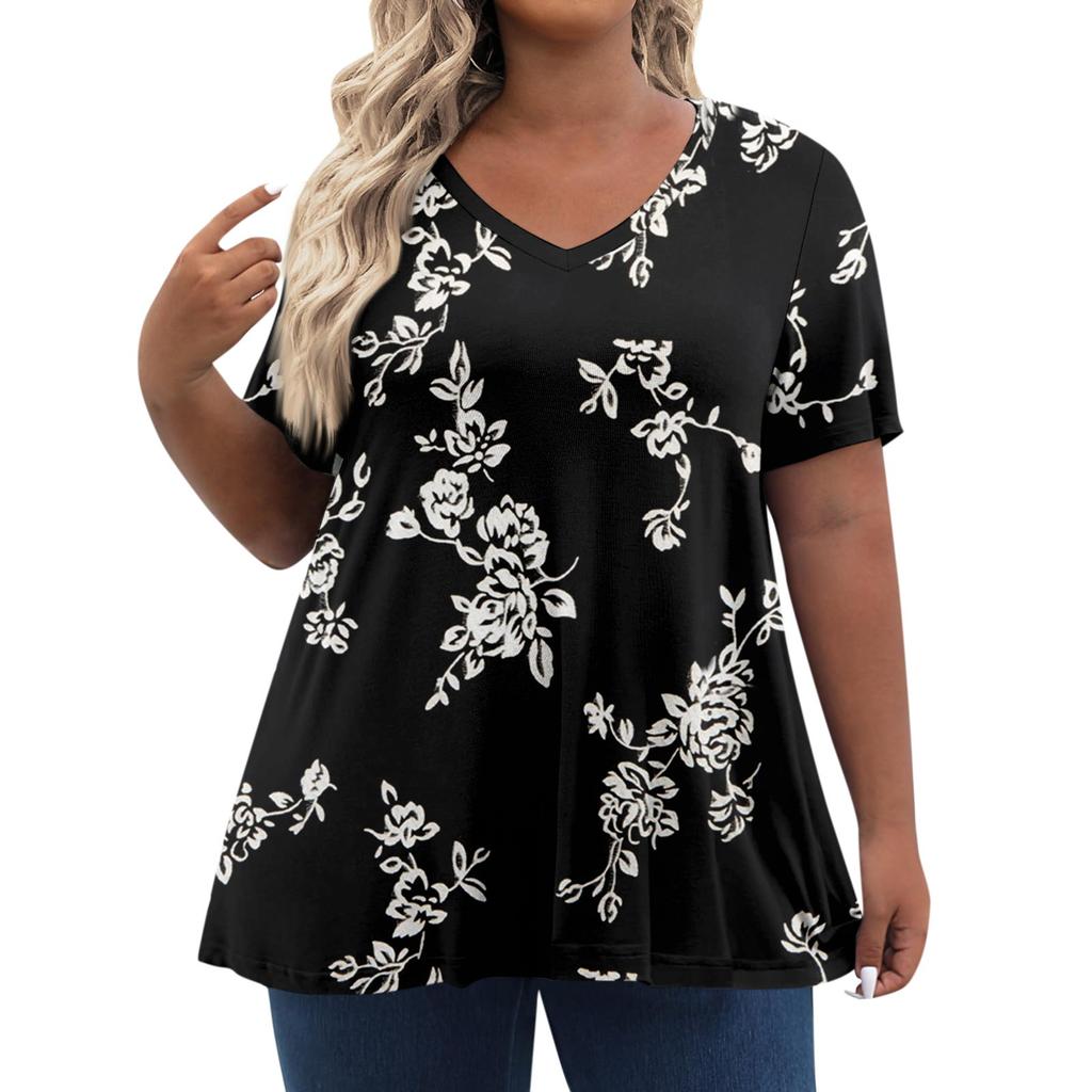 Женские топы больших размеров, шорты с рукавами, рубашки с V-образным вырезом, повседневная одежда, топы с принтом
