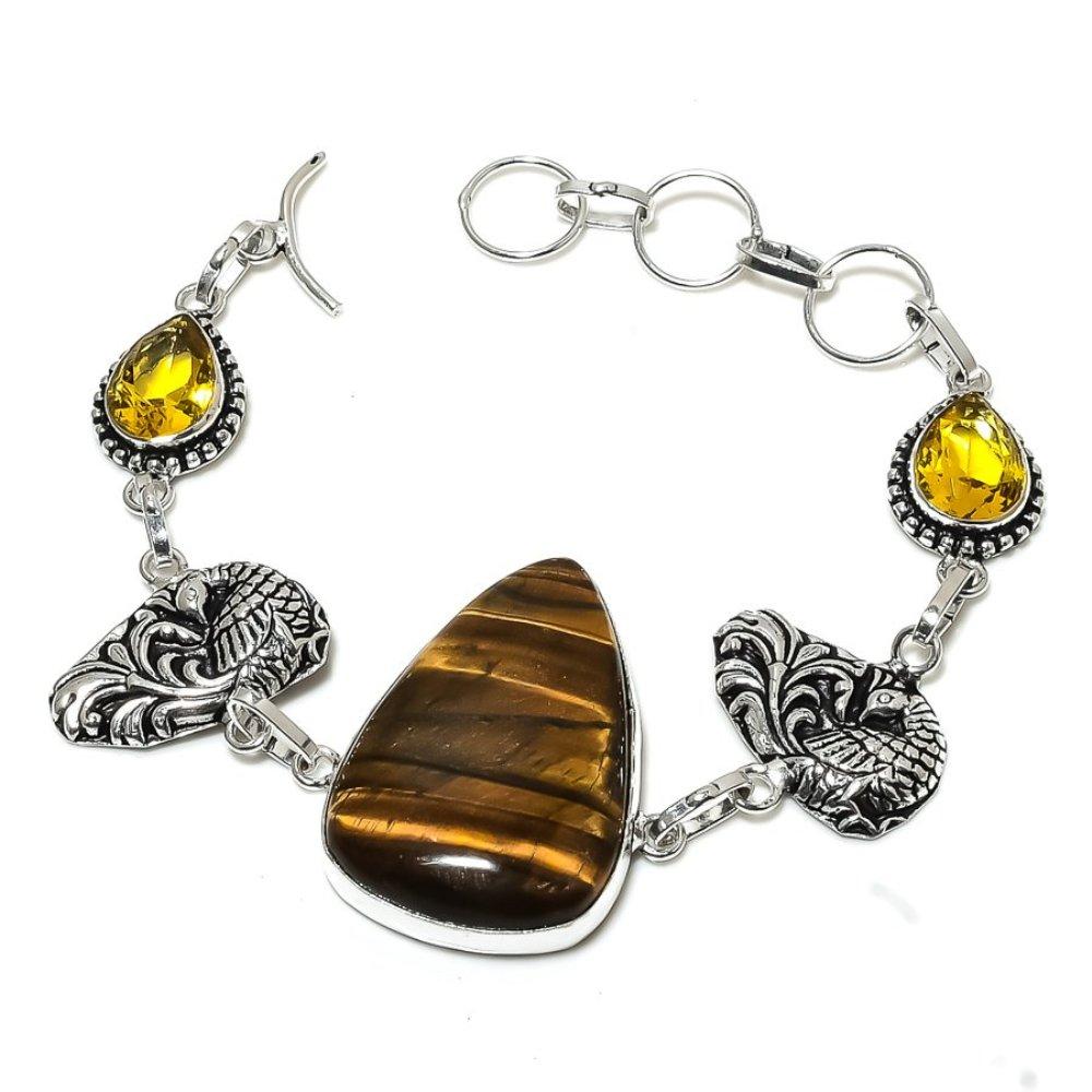 Браслет ручной работы из стерлингового серебра 925 пробы с натуральным тигровым глазом и цитрином 7–8 дюймов G2z30