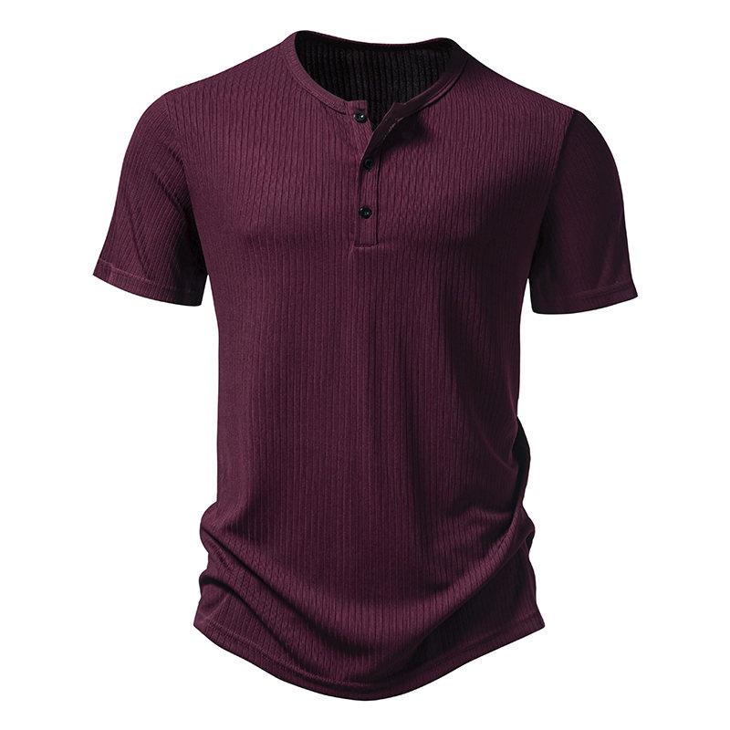 New Summer Men's Henry Collar T-shirt Short Sleeve Solid Color Stripe Casual Button Tops Tees Man