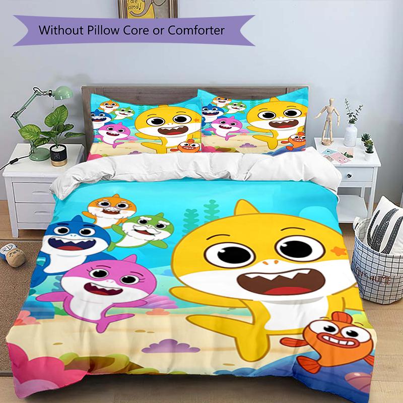 3pcs Pinkfong Shark (3) Design Cover Set - HD Printed Bedding with 1 Cover and 2 Pillowcases - Perfect for Home and Dorm Decor