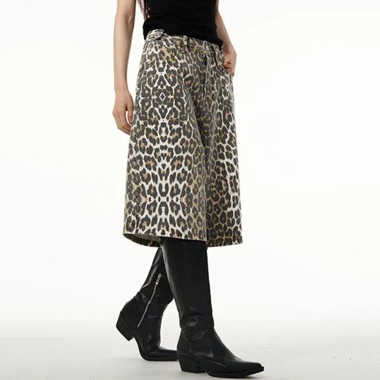 Джинсовые брюки унисекс с леопардовым принтом, свободные прямые ретро со средней талией на молнии и пуговицах длиной до колена для вечеринки