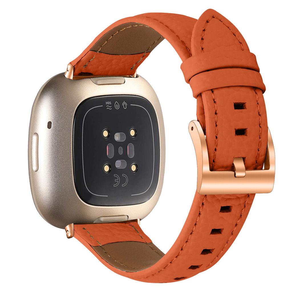 Litchi Textured Genuine Cow Leather Strap with Electroplated Buckle for Fitbit Versa 3/Sense Pointed-End Watch Band