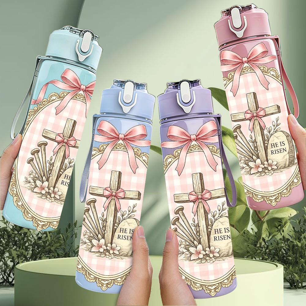 1PC Lace Bow Cross Religious Vintage Print 750ml Color Plastic Sports Water Bottle Leakproof Flip Straw Lid Suitable for Sports Office Home Use