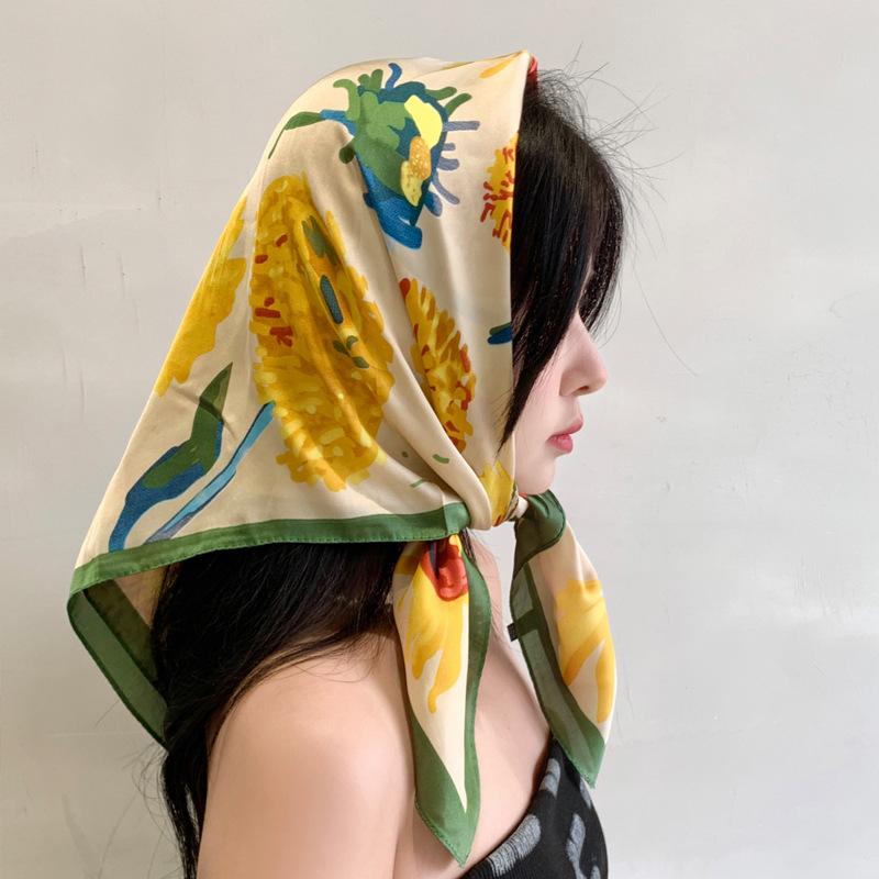 Green oil painting small square scarf silk scarf women's summer thin sunscreen spring and autumn headscarf head scarf tied bag headband belt