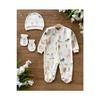 Organic Cotton 3-piece Newborn Set With Gloves And Hat And Booties Baby Rompers Set Animals
