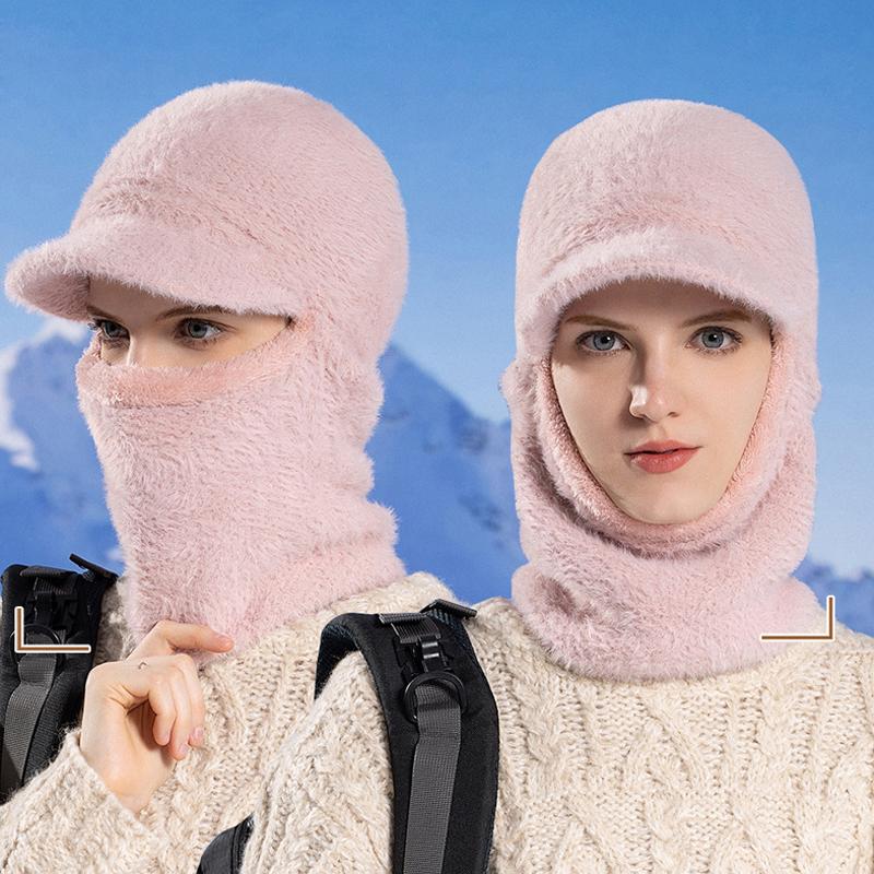 Winter Plush Hat Bib One-piece Knitted Hat Ladies Cycling Face Covering Ear Protection Warm Woolen Pullover Hat