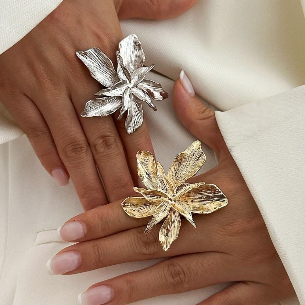 Adjustable Metal Flower Ring Double Layered Irregular Geometric Petal Ring  Trendy