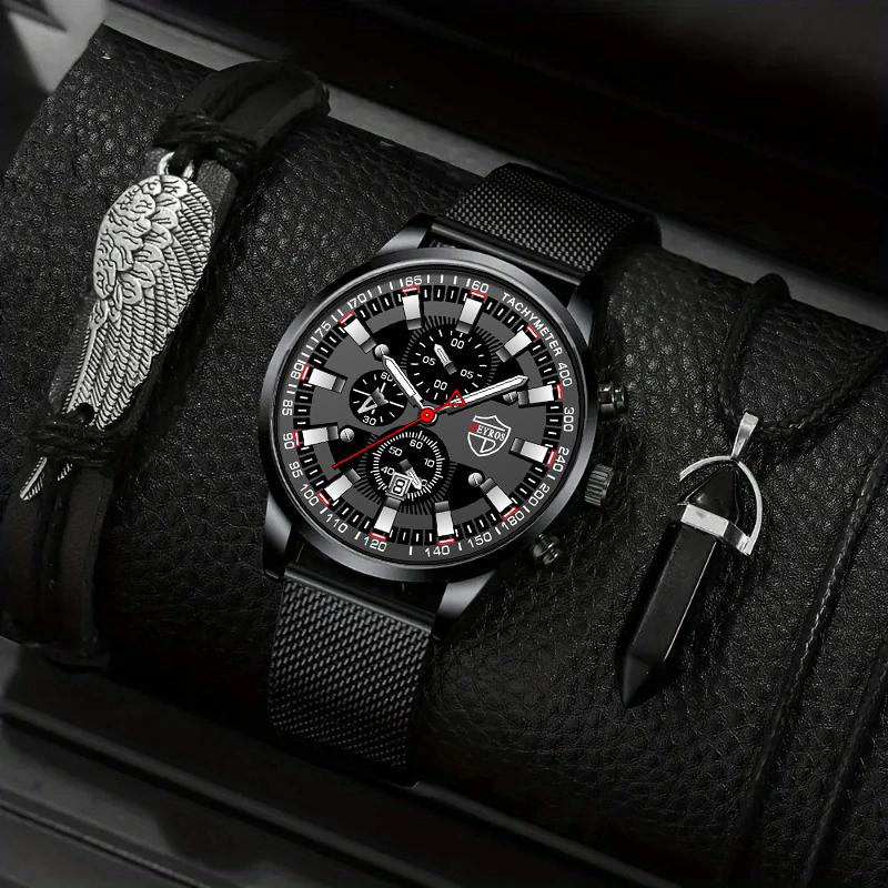 3pcs/set 1pc Fashion Men's Casual Stainless Steel Mesh Band Quartz Watch & 1pc Bracelet & 1pc Necklace