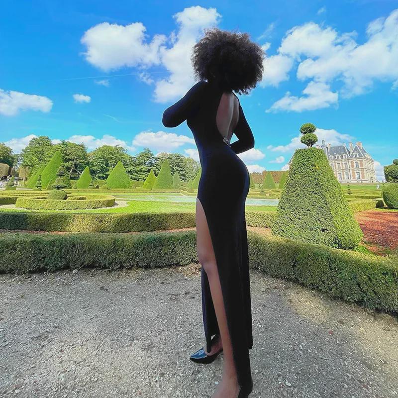 Платье в европейском и американском стиле с открытой спиной и длинными рукавами и разрезом - сексуальная и стройная длинная юбка с полостью