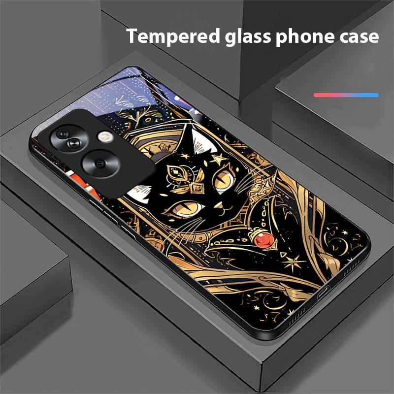 Черный Золотой Кот Для Oppo A79 5G 58 78 74 60 4G Reno 11F Realme GT 6 11 Note 50 10 C55 X2 Закаленное Стекло Черный Чехол для Телефона