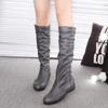 Women Leather Mid Calf Boots Casual Slip On Autumn Winter Wedge Long Fashion Pleated Round Toe Black High Female