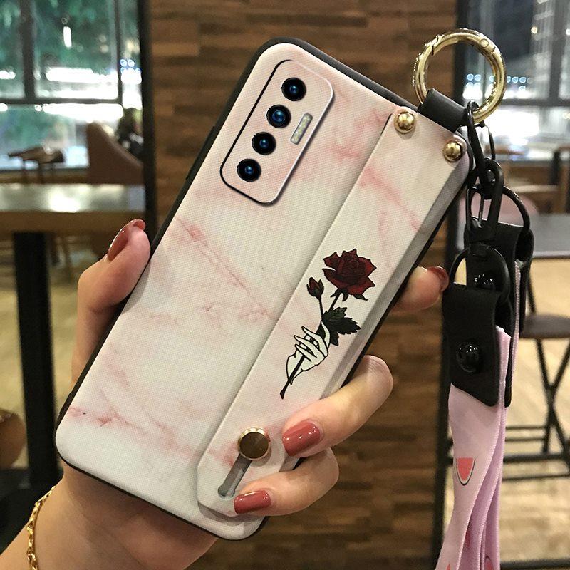 Soft Case Silicone Phone Case For Tecno Camon17P Dirt-resistant Flower Durable Wrist Strap Wristband Lanyard Ring