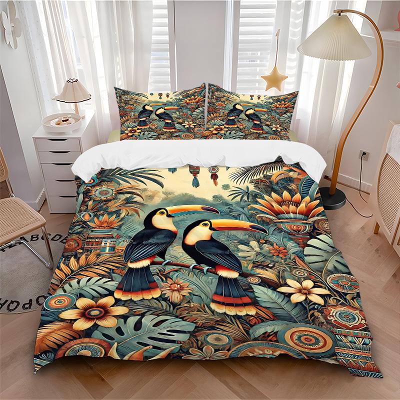 3pcs bedding set Tropical Birds Includes 1 Comforter + 2 Pillowcases, Without Pillow Inserts, Soft Comfortable, Lightweight Breathable, Prin