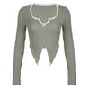 Women Tops V-Neck Lace Stitching Long Sleeve Irregular Hem Pullover Tops Solid Color Ribbed