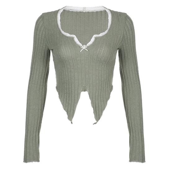 Women Tops V-Neck Lace Stitching Long Sleeve Irregular Hem Pullover Tops Solid Color Ribbed