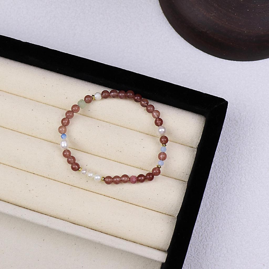 Women's Exquisite Natural Strawberry Quartz, Citrine, Aquamarine & Pearl Bracelet - Luxurious, Unique, and Versatile Design.