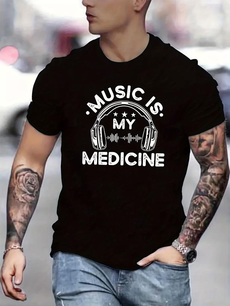 Music Is My Medicine Men's T-shirt Personalized Mens Short Sleeve Crew Neck Top Fashion Street Clothing Summer Cotton Undershirt