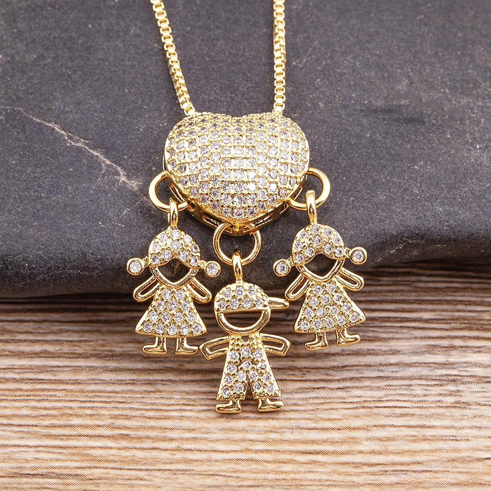 Nidin Fashion Pave Shiny Crystal Zircon Heart Shape Boy Girl Copper Pendant Necklaces For Women Family Son/Daughter Jewelry Gift