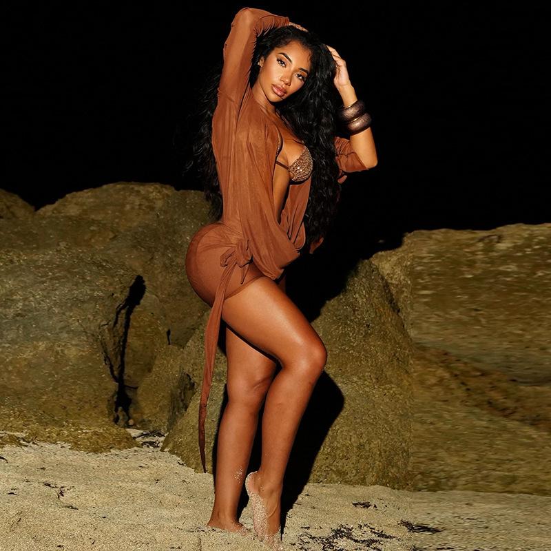 European-American Women's Mesh Ruffle Collar A-line Dress with Open Back