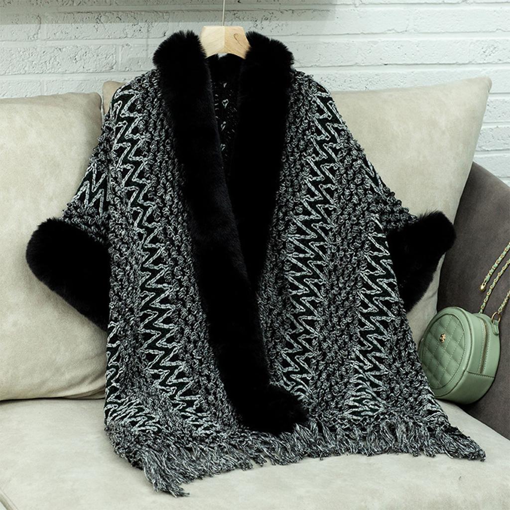 Women's Fashion Striped Fringe Knitted Shawl Cape Cape All Over The Cape With Scarf Sweater