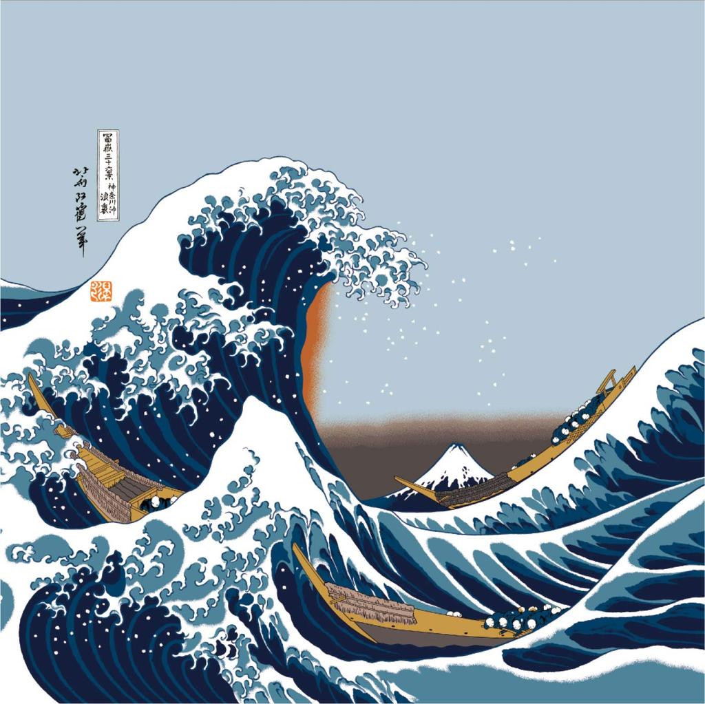 Sanyo Shoji Jiyufu Large Furoshiki Wrapping Cloth Hokusai Waves Approximately 118cm Wide Ukiyo-e 27-053060