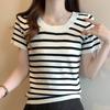 Женские свитера, пуловеры, 2025, лето, короткий рукав, О-образный вырез, полосатый белый черный вязаный свитер, женские топы, пуловер JJ215