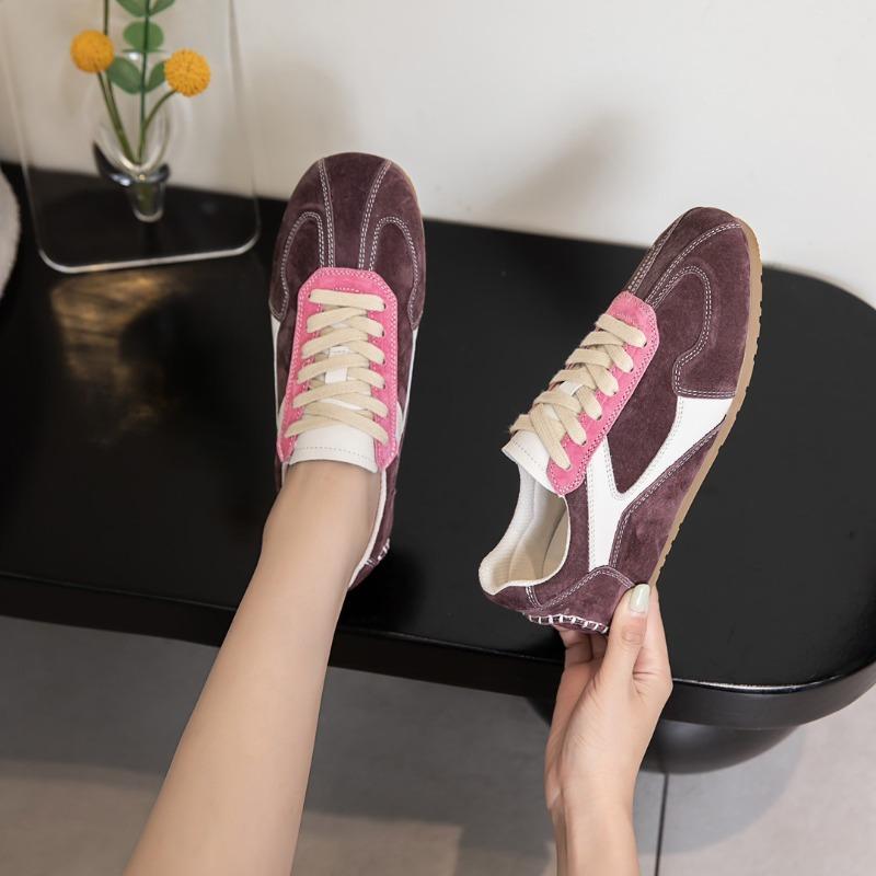 Fashion Leather Square Head Women's Autumn New Color Matching Lace-up Flat Bottom Casual Sports Shoes