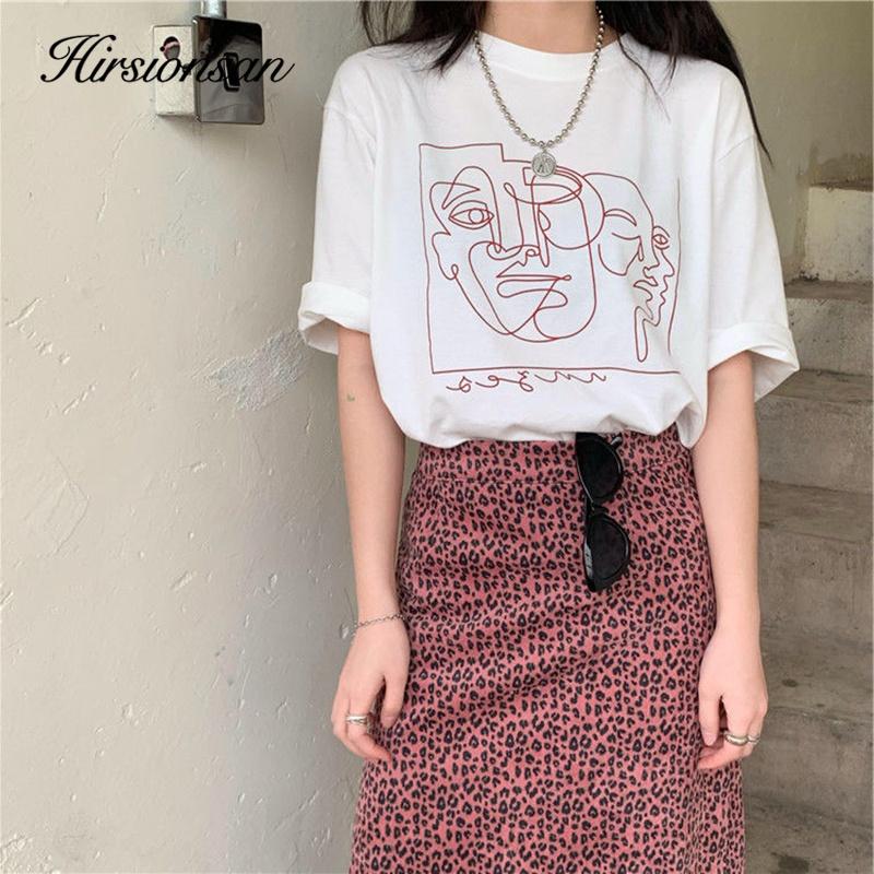 Hirsionsan Fashion Abstract Line Printed T Shirt Women Funny Graphic Soft Loose Female Tees Cotton Summer Casual Tops Khaki Tshirts 2021