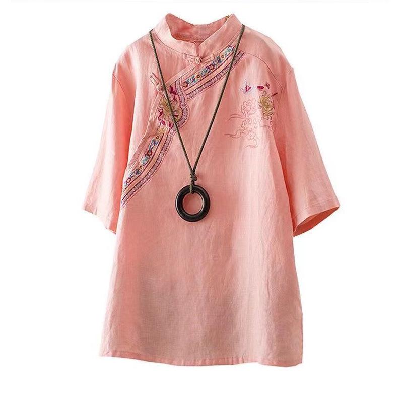 Летняя женская рубашка в национальном стиле с вышивкой из хлопка и льна с коротким рукавом в стиле ретро
