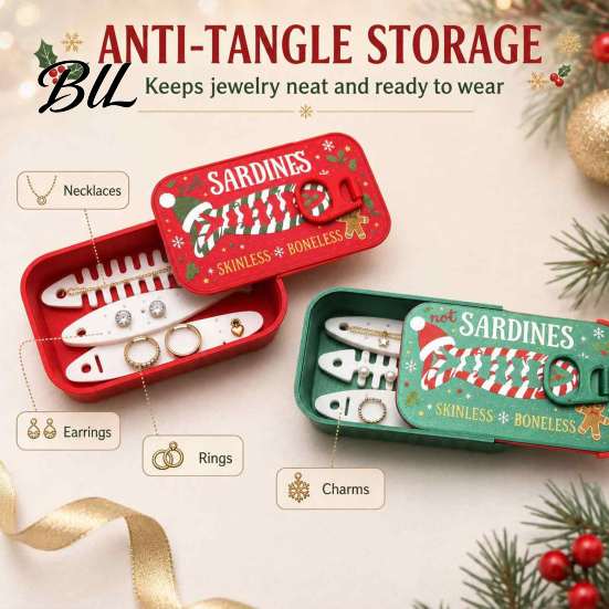 Holiday Desktop Ornament Christmas Sardine Tin Shaped Jewelry Box, Portable Travel Jewellery Storage Case with Compact Container Fish Bone Divider,