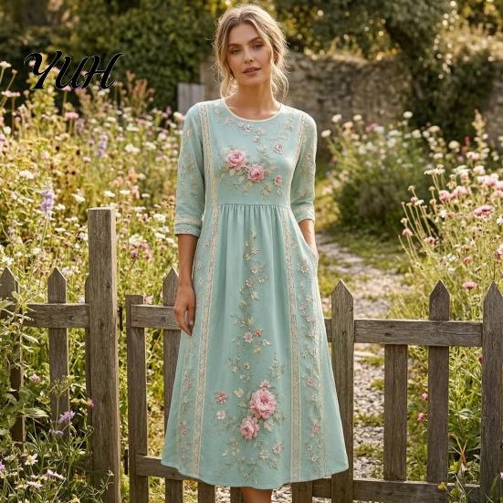 Elegant Daily Wear for Work Dating Autumn Floral Midi Dress Women, Long Sleeve Bohemian A Line Slimming Waist Cinching Dress, Vintage Waist-Cinching