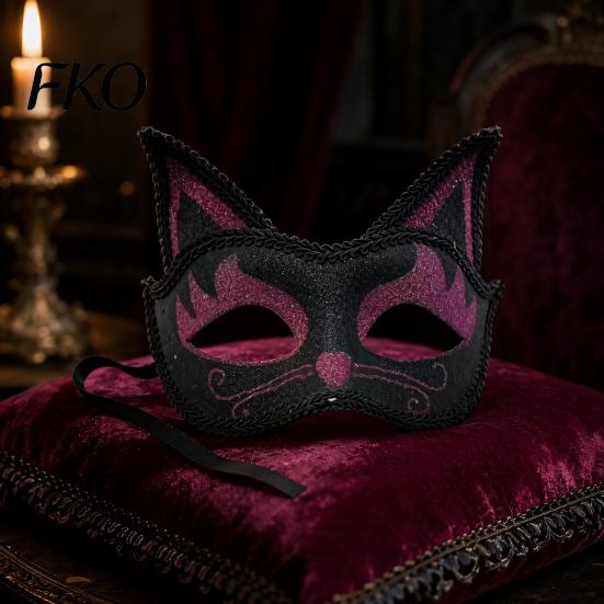 Unique Face Covering Cat Half Mask, Halloween Glitter Venetian Masquerade Exquisite Pattern Mask Rhinestone Ear for Party Costume Cosplay