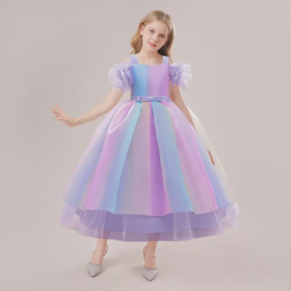Радужное платье принцессы с открытыми плечами для девочек на свадьбы и особые случаи