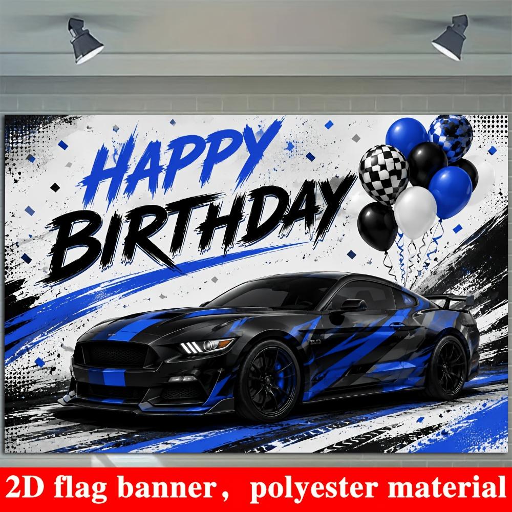 Racing Car Birthday Party Banner Backdrop, Black Blue Sports Car Checkered Balloon, Polyester, No Power, Photo Wall Decor