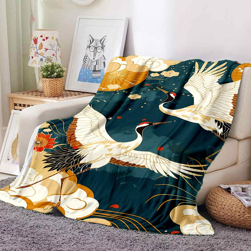 1pc Cranes Flowers Lightweight Flannel Blanket, Comfortable and Warm Blanket, for Office and Camping Sofa Bed, Livingroom076