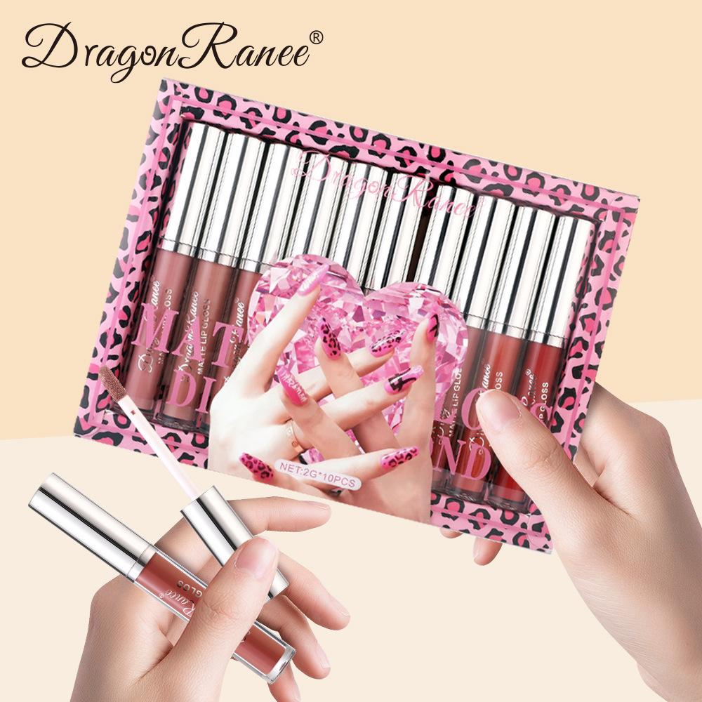 Матовый бархатный блеск для губ, набор, не легко окунуть в чашку, матовый блеск для губ, подарочная коробка, розовая леопардовая помада, набор из 10 блесков для губ, коробка