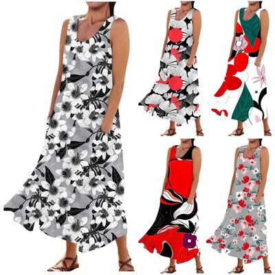 Женское повседневное удобное хлопковое карманное платье без рукавов с цветочным принтом