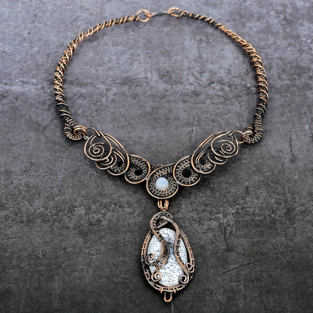 Ожерелье из натурального дендрита и опала, лунного камня, медная проволока, 18 дюймов, s3a77