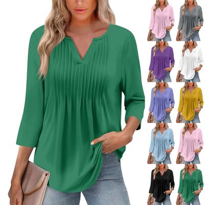 Женская модная повседневная плиссированная футболка с V-образным вырезом и рукавом семь четвертей