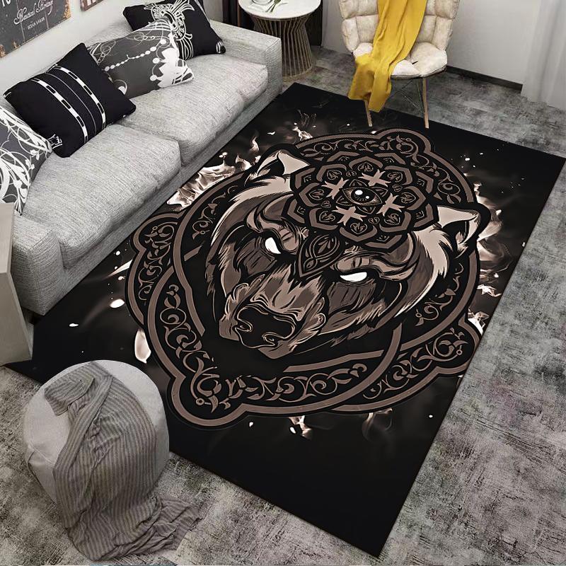 "Mandala Wolf Design Rug with Glowing Eyes on Black Background" Suitable for use as an anti-slip for living room bedroom sofas