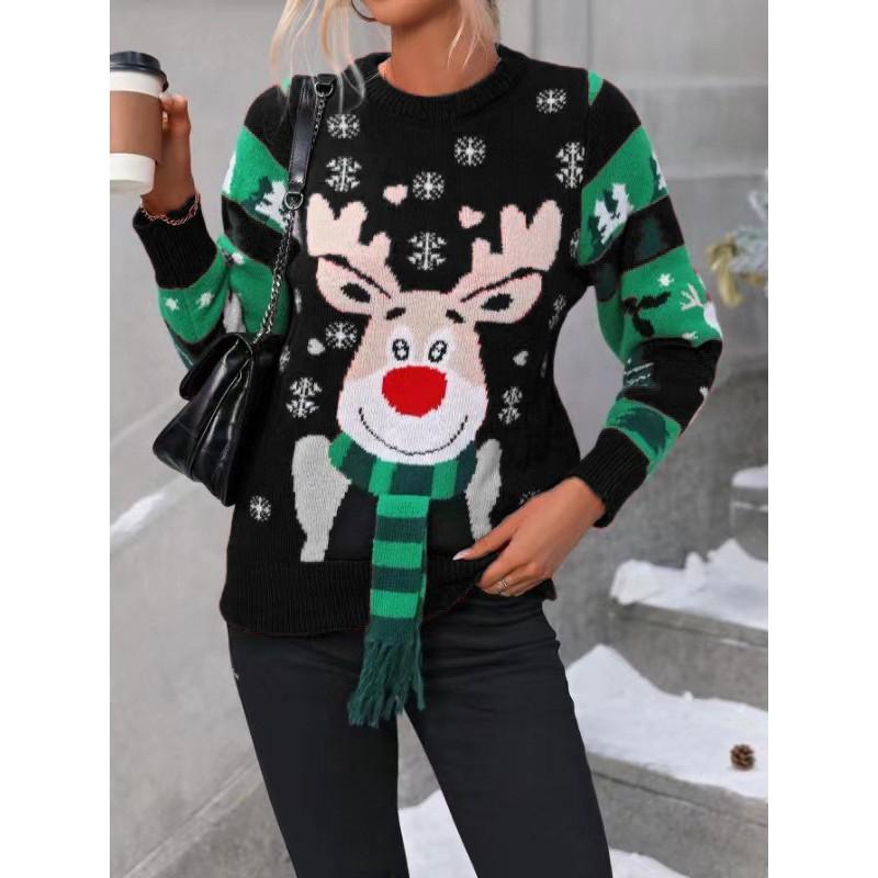 Womens Loose Knit Sweater With Cute Deer Motif LED Light Detail Round Neck Long Sleeve Christmas Pullover