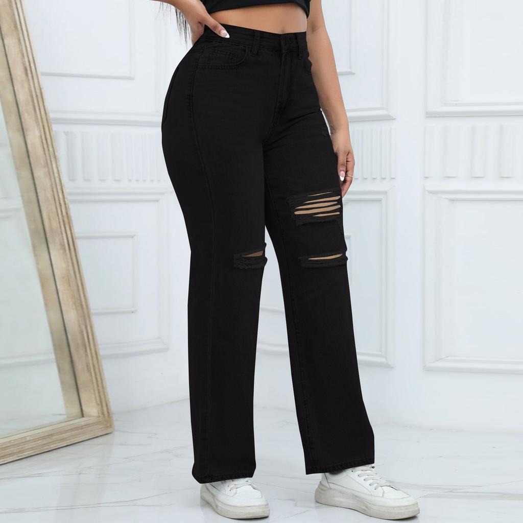Jeans Women's Ripped Pocket Retro High Waisted Straight Leg Pants