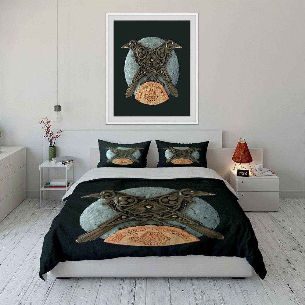 Viking Metal Raven Norse Mythology Prints bedding Set kid's and adults' bedroom decor, Exquisite three-piece bedding set gift