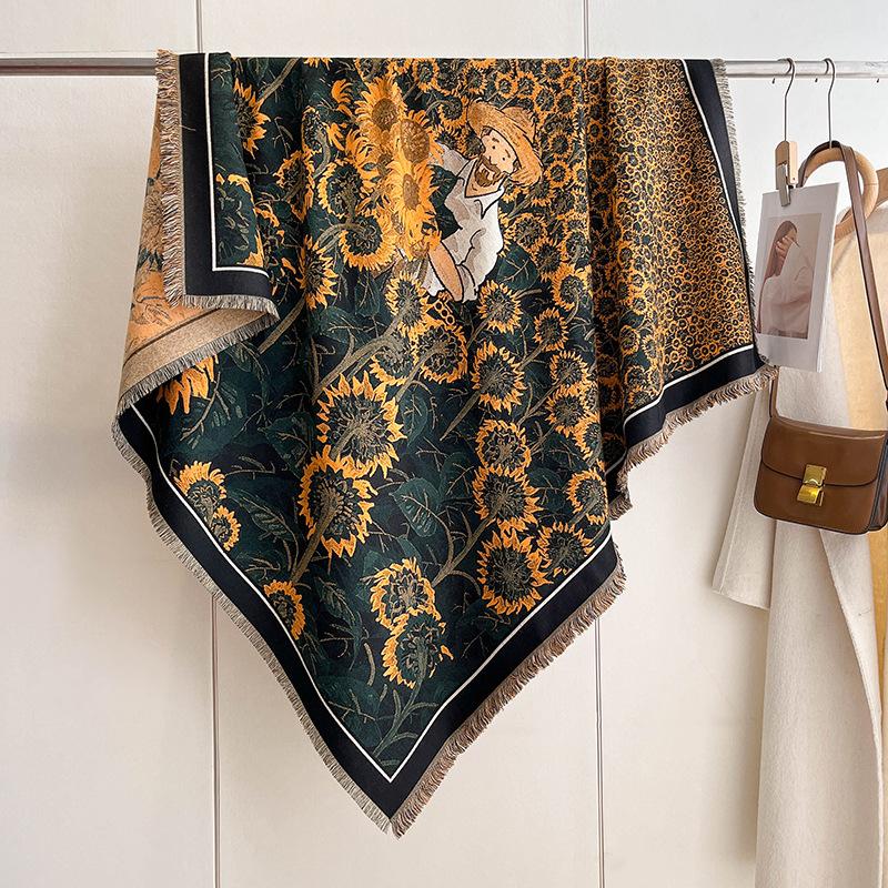 Versatile Mixed Color Contrasting Double-Sided Imitation Cashmere Shawl Winter High-End Warm Square Scarf