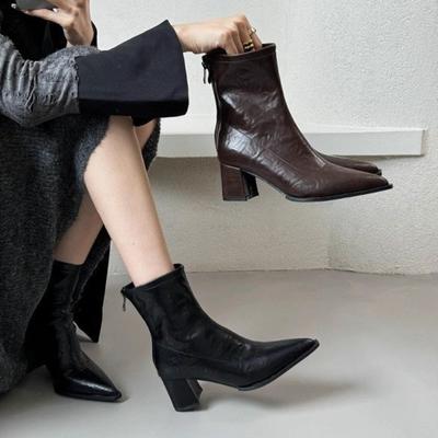 Модные остроносые полусапожки на высоком каблуке Женские осенние новые европейские американские полусапожки на толстом каблуке Ретро коричневые туфли на высоком каблуке